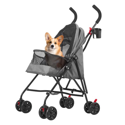 COOLCRAB Pet Stroller Oxford Cloth Foldable Dog Strollers for Small Dogs and Cats Suitable for All Road Surfaces Wide-View Panoramic Window 4 Wheels with Brakes Portable Design, Easy to Store (Grey)