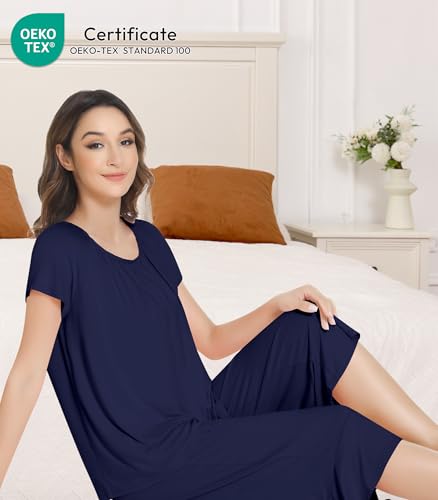 Image of NACHILA Pajamas for Women-Viscose Made from Bamboo,Short Sleeve Sleepwear Cooling Pjs Top with Capri Pants Pajama Sets