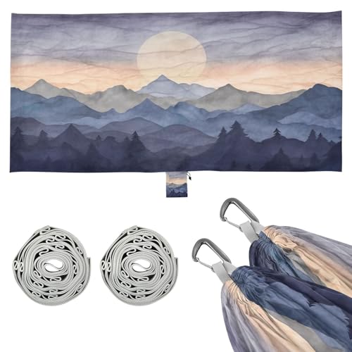 Haskirky Sunset with Mountains Camping Hammock, Single Portable Hammocks with Tree Straps & Attached Carry Bag, 330Lbs Capacity Perfect for Outside Indoor Hiking Beach Backpack Travel