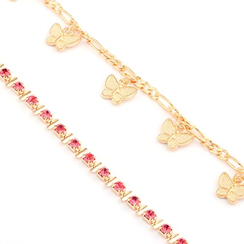 2 Pcs Gold Anklet Bracelets Set For Women Dainty Zircon Tennis Anklets Stackable Butterfly Pendant Charm Ankle Chain Boho Beach Jewelry For Teen Girls Mom Birthday Mothers Day (Gold, One Size) #TOP4