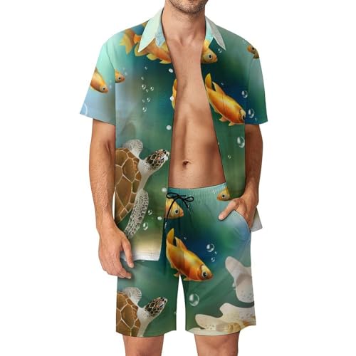 Ensemble Hawaïen Homme Chemise Short Pantalon Été 2 Pièces Motif Tortue Poisson Rouge S
