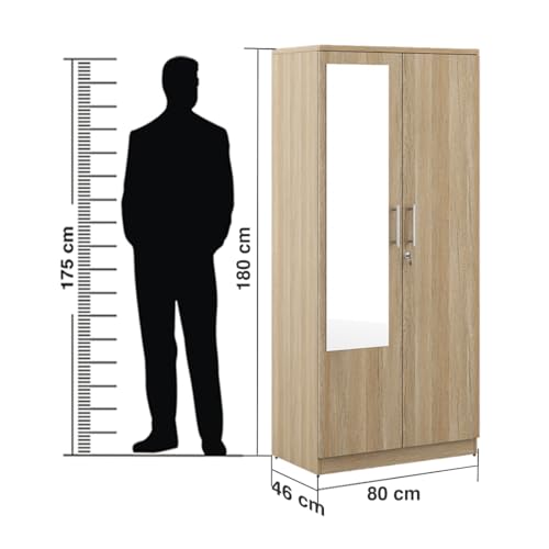 Image of Spacewood Carnival Wardrobe | 3 Year Warranty | Almirah, Cupboard, Almari, 2 Door Wardrobe with Mirror, 1 Hanging Space|Engineered Wood| Sebastian Oak