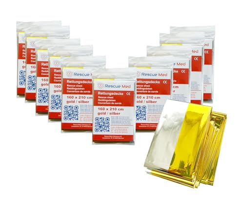 PINI Rescue Med Rettungsdecke 160x210 cm Gold/Silber 10 Stück Notfalldecke Rettungsfolie Wärmedecke für Erste Hilfe Survival Kit Verbandkasten Outdoor Wandern & Camping Auto