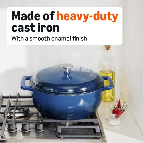 Image of Amazon Basics Enameled Cast Iron Dutch Oven Pot with Lid, Round, Dual Handles, Heavy-Duty, Oven Safe for Stews, Roasting, Baking, 7.3-Quart, Navy