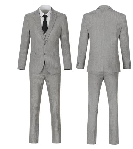 Image of Retro 3 Piece Suit Tweed Herringbone Men's Suits Slim Fit Groom Tuxedos Set Prom Brown Grey Jacket Blazer Vest Pants