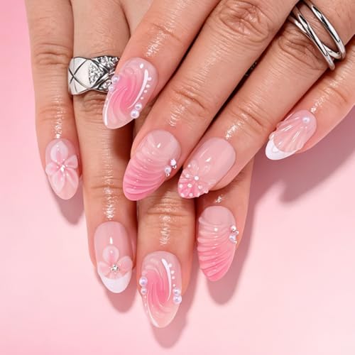 evpct 3D Beach Style Press on Nails Short Almond with Flower Design