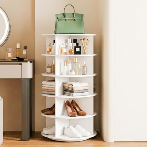 Image of 360 Rotating Multipurpose Storage Cabinet - Laminated Engineered Wood Organizer Rack | Space-Saving Rotating Shelf for Bedroom, Living Room, Dressing Area & Bathroom (White, 5-Tier)