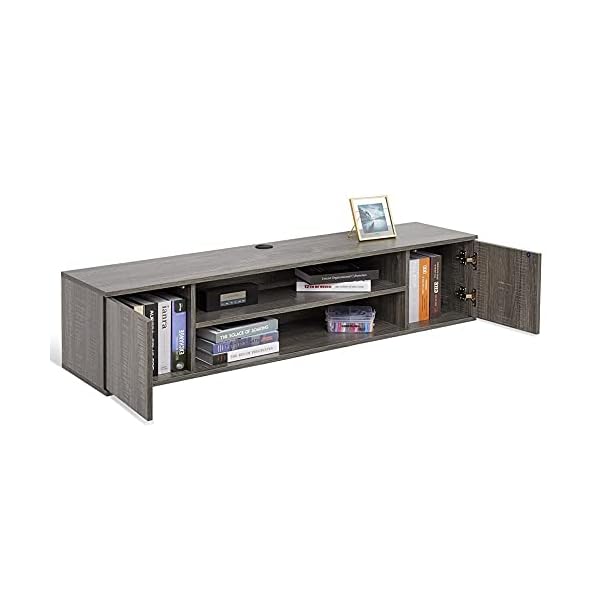 Meerveil Floating TV Unit, Wall Mounted TV Cabinet with 2 Shelves and 2 Push to Open Doors Rustic Industrial for Living Room, 140x32x30 cm Grey - Image 3