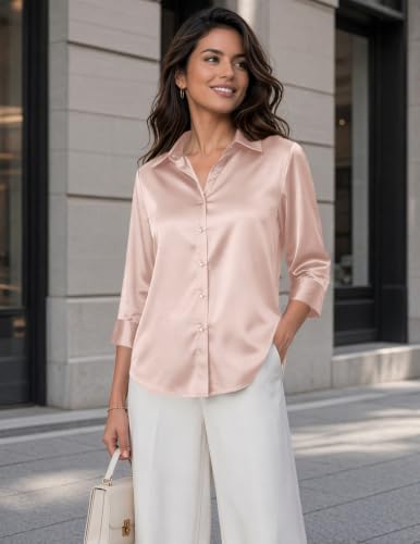 Image of Zeagoo Womens Satin Blouses Button Down Shirts 3 /4 Sleeve Dressy Tops S-2XL