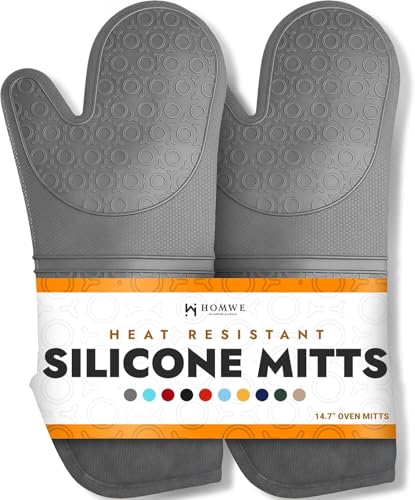 Image of BPA-Free Soft Silicone Oven Mitts - Ultra Heat Resistant Oven Mitts with Thick Cotton Liner - Extra Long Slip Resistant Pot Holders, Flexible Oven Gloves - Gray 14.7 inch