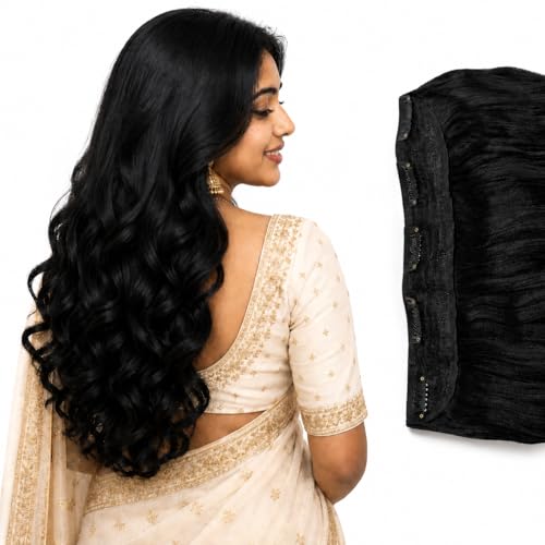 Image of TEMPERIA Hair Extensions for Women - 5 Clips Attached Curly /Wavy Artificial Hair Clip On Extension - False Fake Long Curl Hair Wig for Wedding - 1 Pc - Black Colour