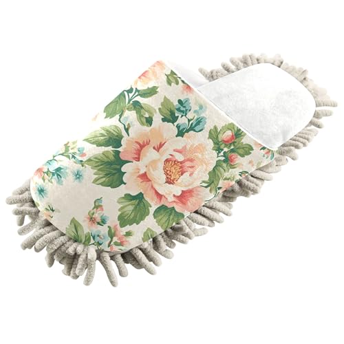 Burbuja Vintage Floral Mop Slippers Microfiber Cleaning Slippers Washable Cleaning Dust Slippers for Women Men Home Kitchen, Free Your Hands, 5-8