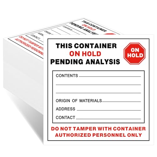 Harloon 200 Pack Vinyl Hazardous Waste Labels 6\" Length x 6\" Width Adhesive-poly This Container on Hold Pending Analysis Industrial Labels, Red Black on White 2.6 Mil Thickness