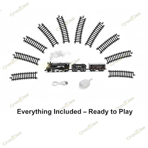 Image of Crackles Small Steam Train Set for Kids - Light & Hindi Music Vintage Engine with Smoke Effect, Rechargeable Battery, Type-C Cable, Water Dropper & Tracks - Battery Operated Toy for Boys & Girls