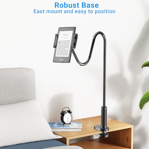 Image of Gooseneck Tablet Holder for Kindle Reading in Bed, Hands Free Desk Bedside Lazy Arm Stand for Kindle Accessories, Compatible with iPhone iPad mini