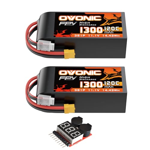 OVONIC Lipo Battery 11.1V 120C 1300mAh 3S RC Battery with XT60 Plug for FPV Racing Drone Quadcopter Helicopter Airplane RC Boat RC Car RC Models(2 Pack)(with Lipo Voltage Checker)