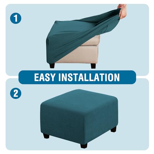 Image of H.VERSAILTEX Square Ottoman Covers Ottoman Slipcovers Folding Storage Stool Furniture Protector Form Fit with Elastic Bottom, Stretch High Spandex Small Checks Jacquard Fabric(Medium,Deep Teal)