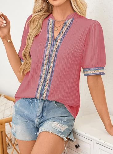 Womens Summer Tops Short Sleeve Lace V Neck Shirts Business Casual Flowy Boho Blouses Dressy Work Outfit Trendy 20252