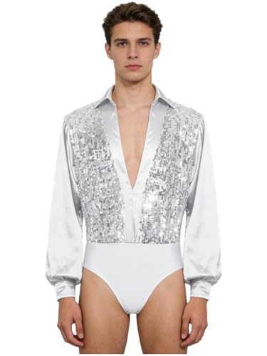 YOOJOO Latin Dance Shirts Men Glittery Sequined Rumba Cha Cha Samba Dancing Competition Performance Wear White Large