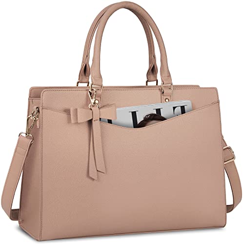 Leather Laptop Tote for Women - 15.6 Inch Professional Business Office Work Briefcase, Waterproof Computer Handbag With Large Capacity, Lightweight Shoulder Bag, Khaki