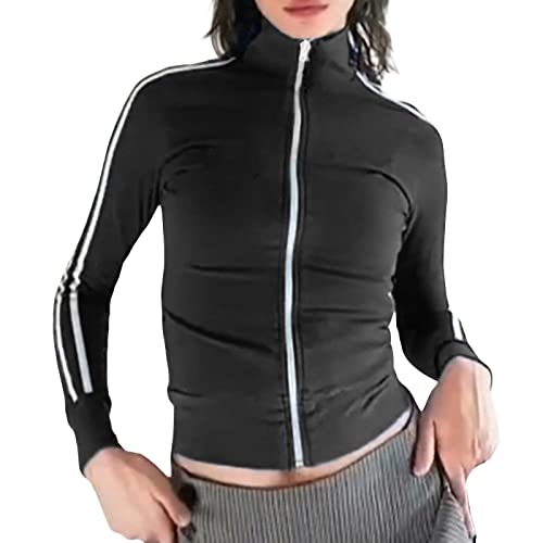 Kmbangi Zip Up Crop Hoodies For Women Vintage Graphic Hooded Pullover Y2K Oversized Drawstring Sweatshirt Jacket With Pockets(Slim Zip Black,M) #TOP25