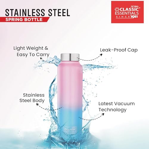 Image of CLASSIC ESSENTIALS Spring Stainless Steel Water Bottle 1000 ml | Best Usage for Office /School /College /Gym / /Home /Fridge | Leak Proof, Eco-Friendly | (Pink Blue) (Set of 1)