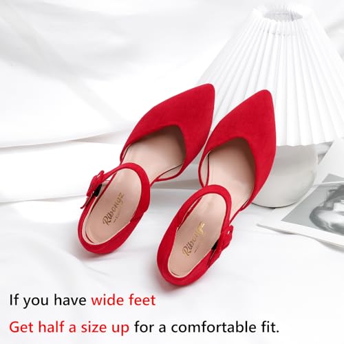 Image of RIBONGZ Comfortable Kitten Heels for Women Pointed Closed Toe Ankle Strap Buckle Heels Slip on Low Heel Church Pumps Wedding Bridal Party Dressy Shoes