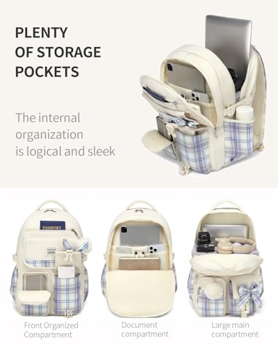Image of Backpack for School Girls, 3Pcs Kids Cute Bookbag with Lunch Box Pencil Pouch, Student Pack Fits 15.6 Inch Laptop for Teens bag for Kindergarten Elementary Preschool Middle School, Beige Tartan