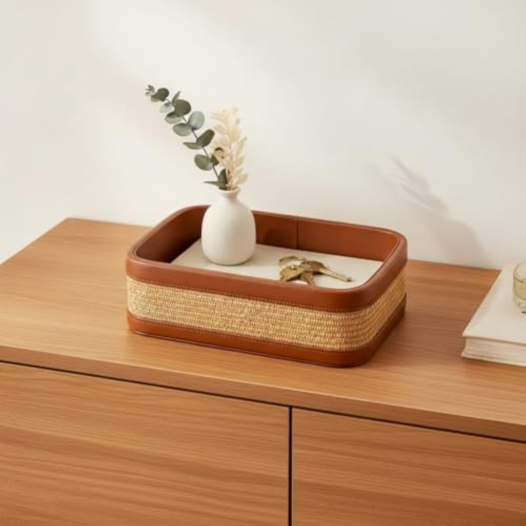Rectangular Woven Tray with Leather Rim
