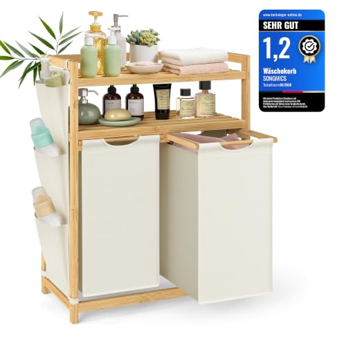 SONGMICS Wäschekorb 2 Fächer, Bambus, Wäschesammler 100 L...