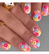 Flower Press On Nails Short Square, 24pcs Flower Fake Nails With Designs, Glossy Full Cover Graff...
