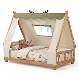 Costzon Twin Bed Frames for Kids, Wooden House Antlers-Shaped Floor Bed w/Tent, Window, Fence Guard Rails, & Wooden Slat Support, No Box Spring Needed, Montessori Kids Bed (Natural & Green, Twin)