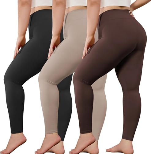 VALANDY Creamlush Leggings in Übergröße für Damen, 3 Packungen, dehnbar, weich, hohe Taille, Damen-Leggings, Lounge-Yogahosen, 3er-Pack – Schwarz/Khaki/Braun, 5X-Large