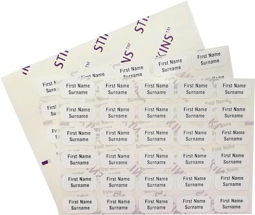 90x Personalised Garment Stickers STIKINS Label Planet Childrens School Uniform/Clothes/Clothing Labels For Kids/Children New Stick In Name Labelling NO NEED TO IRON ON/SEW Adhesive White Vinyl For School Wear Message Name To Be Printed