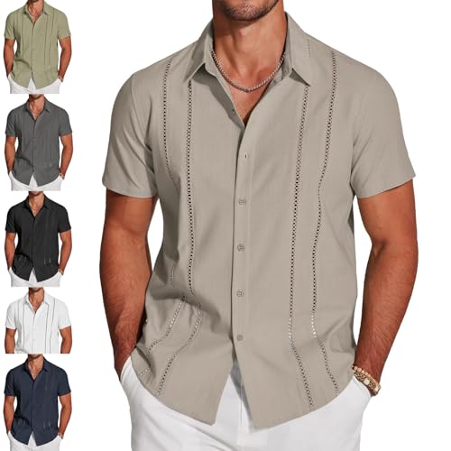Genérico Men's Cuba Guayabera Exquisite Hollow Embroidered Button Front Shirt, Summer Short Sleeve Casual Beach Camp Shirts (Light Gray,4XL)