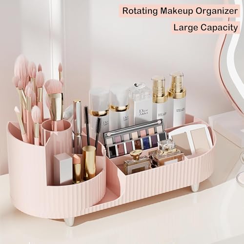 Image of Oslen 360 Rotating Makeup Brush Holder Organizer with Drawers | Premium Large Makeup Organizer for Vanity, Bathroom & Desktop | Skincare, Cosmetics & Accessories Storage Box (Pink)