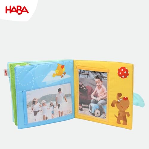 HABA Baby-Fotoalbum: Spielgefährten – Weiches Stoffalbum mit 10 Seiten und 8 Einstecktaschen für Fotos im Format 10 x 15 cm, Babyalbum ab 12 Monaten – 1303143001