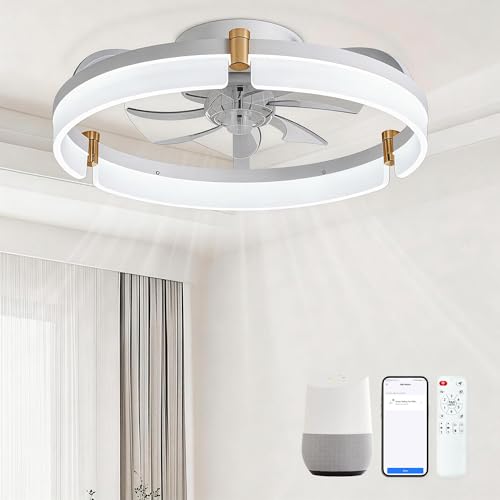 Smart Ceiling Fans with Lights Remote - 20'' WiFi Alexa Flush Mount Low Profile Modern Ceiling Fans for Bedroom - Stepless Color Temperature and 6 Speeds - White