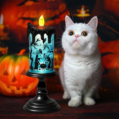 Image of Eldnacele Halloween Snow Globe Flameless Candle with Timer, Battery Operated Spooky Spinning Water Glittering Tornado Lamp LED Candlestick Table Fireplace Witch Decal Halloween Holiday Decoration