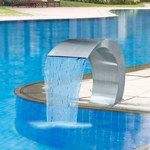 IKAYAA Fuente Cascada de Acero Inoxidable para Piscina, Fuente Jardin SPA, Fuentes de Piscina o Jardín de Plata, Diseño Curvo, Tamaño de 45x30x60 cm
