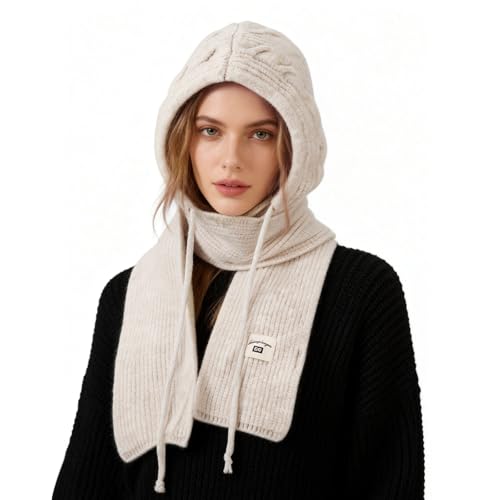 TAGVO Gorros con Bufanda Cálidos De Invierno 2 en 1, Ajustable Pasamontañas Tejido con Calentador de Cuello Prueba de Viento Sombreros con Capucha Bufanda, Elástico Bufandas con Capucha Unisex