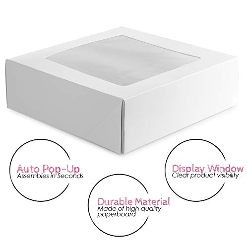 8 inch Pie Boxes With Window [25 Pack] 8x8x2.5" Bakery Box, White Treat Box, Auto-Popup, Baked Boxes for Sweet, Strawberries, Chocolate, Cookies - Thumbnail 4