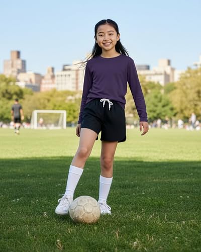 Image of Real Essentials 4 Pack: Girls' Dry-Fit Long Sleeve Crew Neck T-Shirt - Athletic Activewear Soccer Top for Teens Kids Youth
