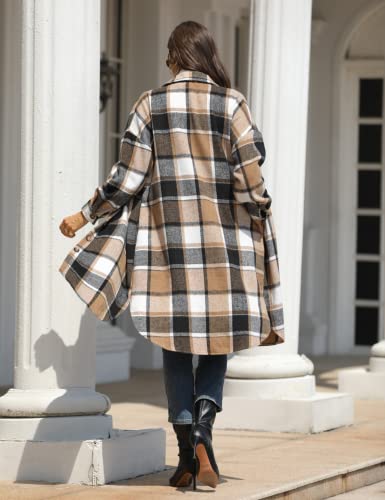 Omoone Women's Thick Woolen Lapel Button Up Long Plaid Shirt Coat Check Maxi Shacket(1799-Brown-L) #TOP7