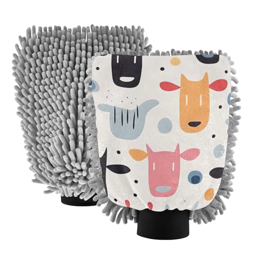 IOACIY Absorbent Microfiber Car Wash Drying Mitts, 2 Pack, Scratch-Free & Lint-Free, Rich Foam, Highly Absorbent, Double Sided, Wash Mitt Perfect for Car Washing, L, Cute Illustration Cow