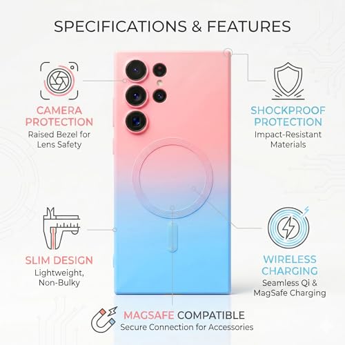 Image of amazon basics Gradient Mag-Safe Case for Samsung Galaxy S22 Ultra | Soft Silicone Shockproof Cover with Camera Protection | Slim Lightweight Design | Smooth Touch & Durable - Pink & Blue