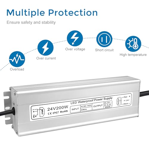 Image of LED Driver 200W 24V Power Supply, IP67 Waterproof Low Voltage Transformer, AC 90-140V to DC 24V 8.33A Converter with 3-Prong Plug 3.3 Feet Cable for Outdoor LED Lights, Industrial, Computer