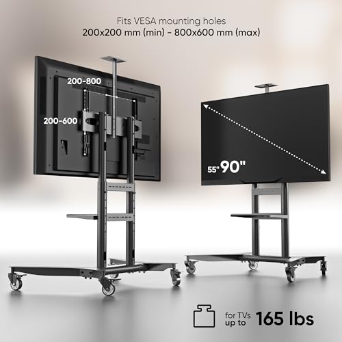 ONKRON Mobile TV Stand on Wheels for 55-90 Inch TVs up to 198 lbs, Height Adjustable TV Stand Movable max 800x600 VESA High TV Stand Portable with Wheels/Mobile TV Cart Rolling TV Stand Tall Black