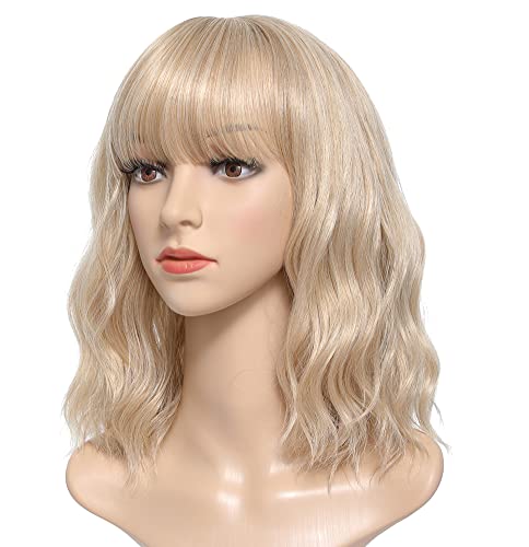 Short Wavy Blonde Bob Wigs for Women 14in Mixed Blonde Shoulder Length Wig with Air Bangs Short Curly Wavy Synthetic Hair Wigs for Girls Heat Resistant Daily Party Full Wig (Mixed Blonde)