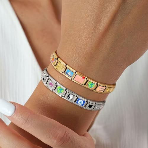 ITingstere Italian Charms Bracelet Sets with Starter Brascelet, Assorted Charms and Opening Tools,9mm Modular Charm Bracelet Link Handmade DIY Jewelry Gifts